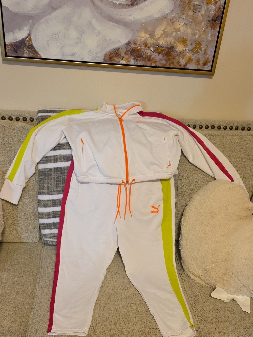 Puma White Track Jacket and Pants with Neon Orange, Pink & Lime Stripes